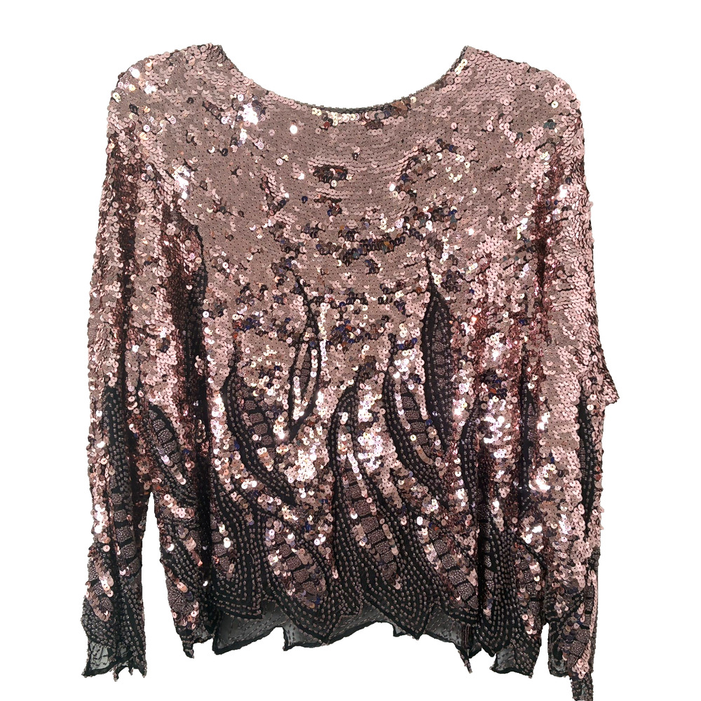 Vintage Oleg Cassini NWT Women's Pink Sequin Silk Blouse Disco 1980s Size Medium